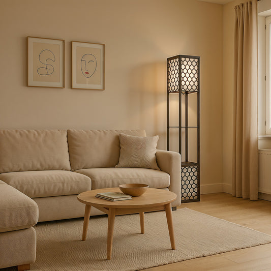 Corfou - Lampadaire en bois avec étagères inspiration bohème et moderne