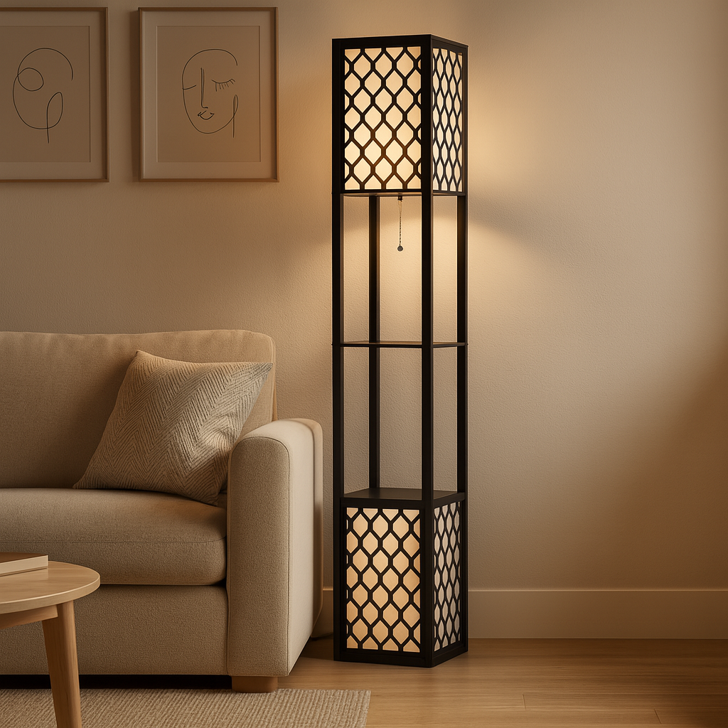 Corfou - Lampadaire en bois avec étagères inspiration bohème et moderne