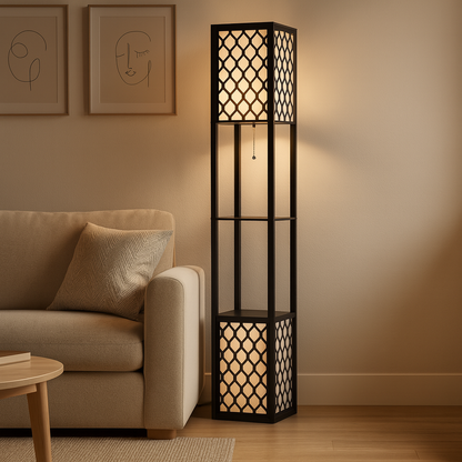 Corfou - Lampadaire en bois avec étagères inspiration bohème et moderne