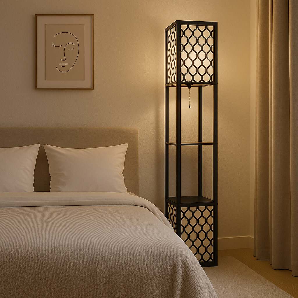 Corfou - Lampadaire en bois avec étagères inspiration bohème et moderne