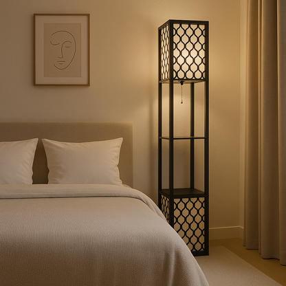 Corfou - Lampadaire en bois avec étagères inspiration bohème et moderne