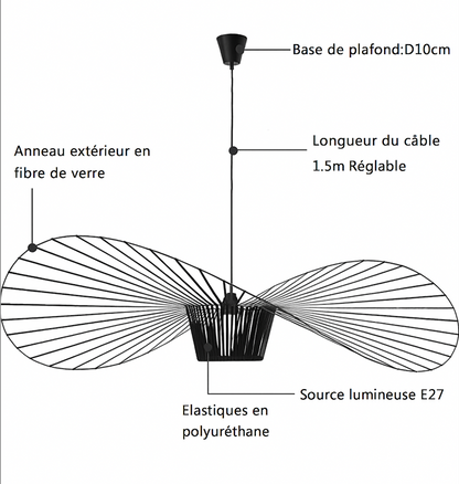 Sicile – Lampe suspendue scandinave en métal noir et abat-jour en paille tressée