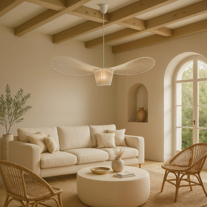 Sicile – Lampe suspendue scandinave en métal noir et abat-jour en paille tressée